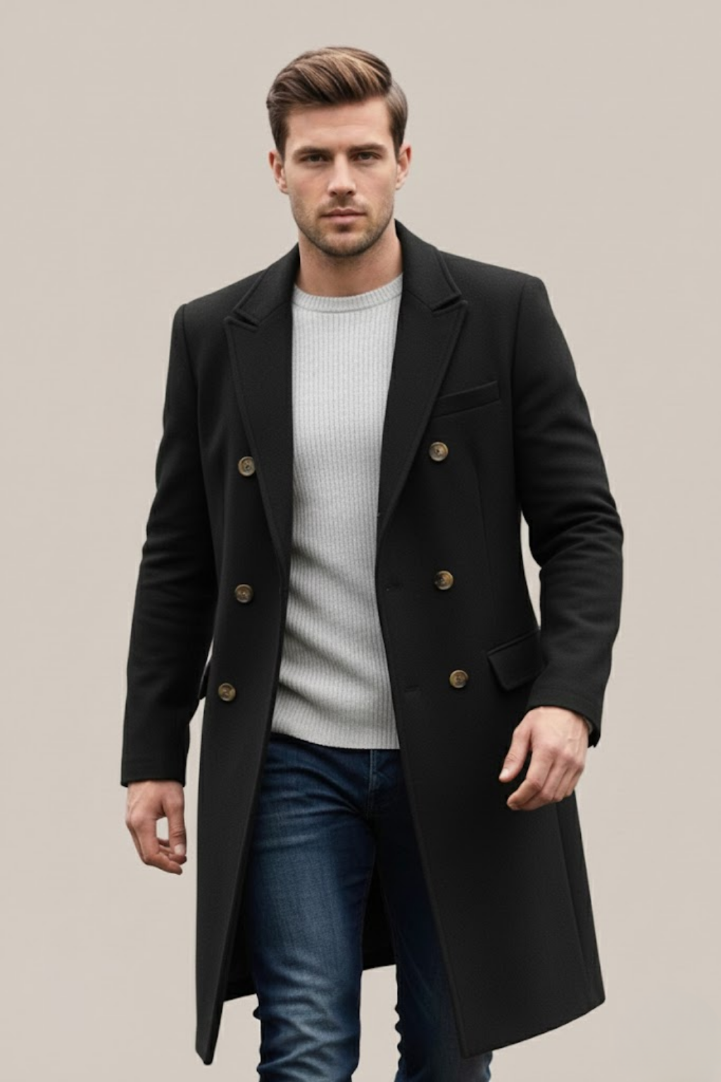 Stylish men's double-breasted trench coat, a long outer layer for modern men's fashion.