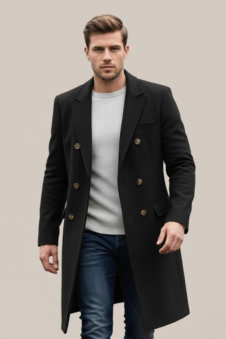 Stylish men's double-breasted trench coat, a long outer layer for modern men's fashion.