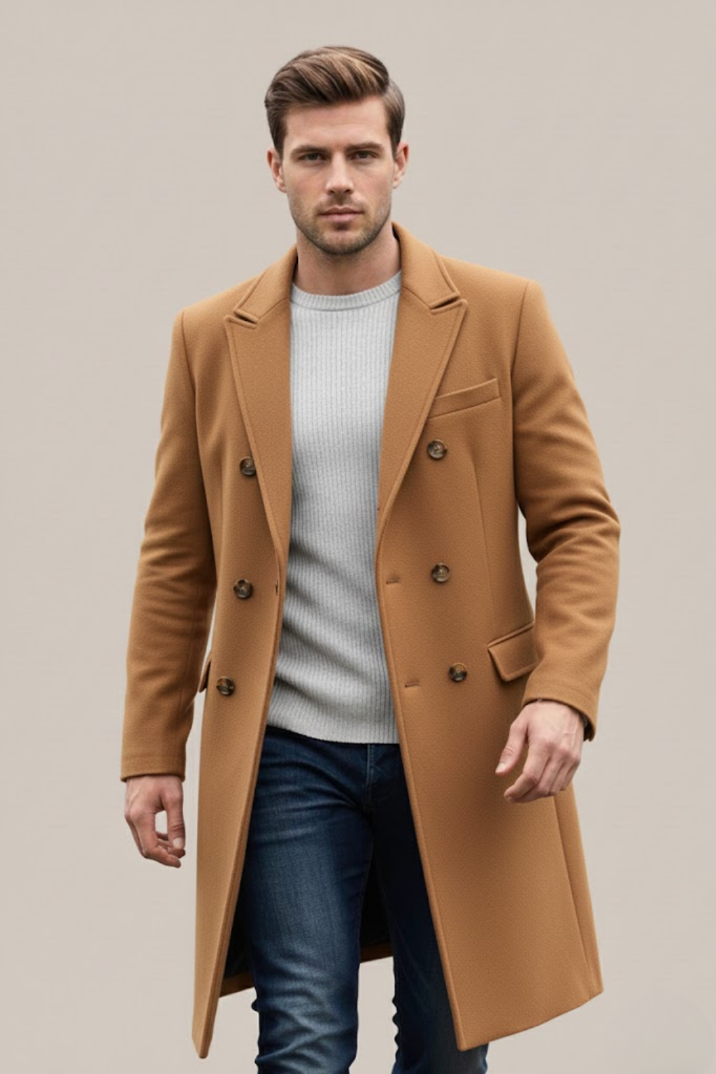 Classic men's double-breasted long coat, featuring a sharp lapel. Ideal for formal and smart casual wear.