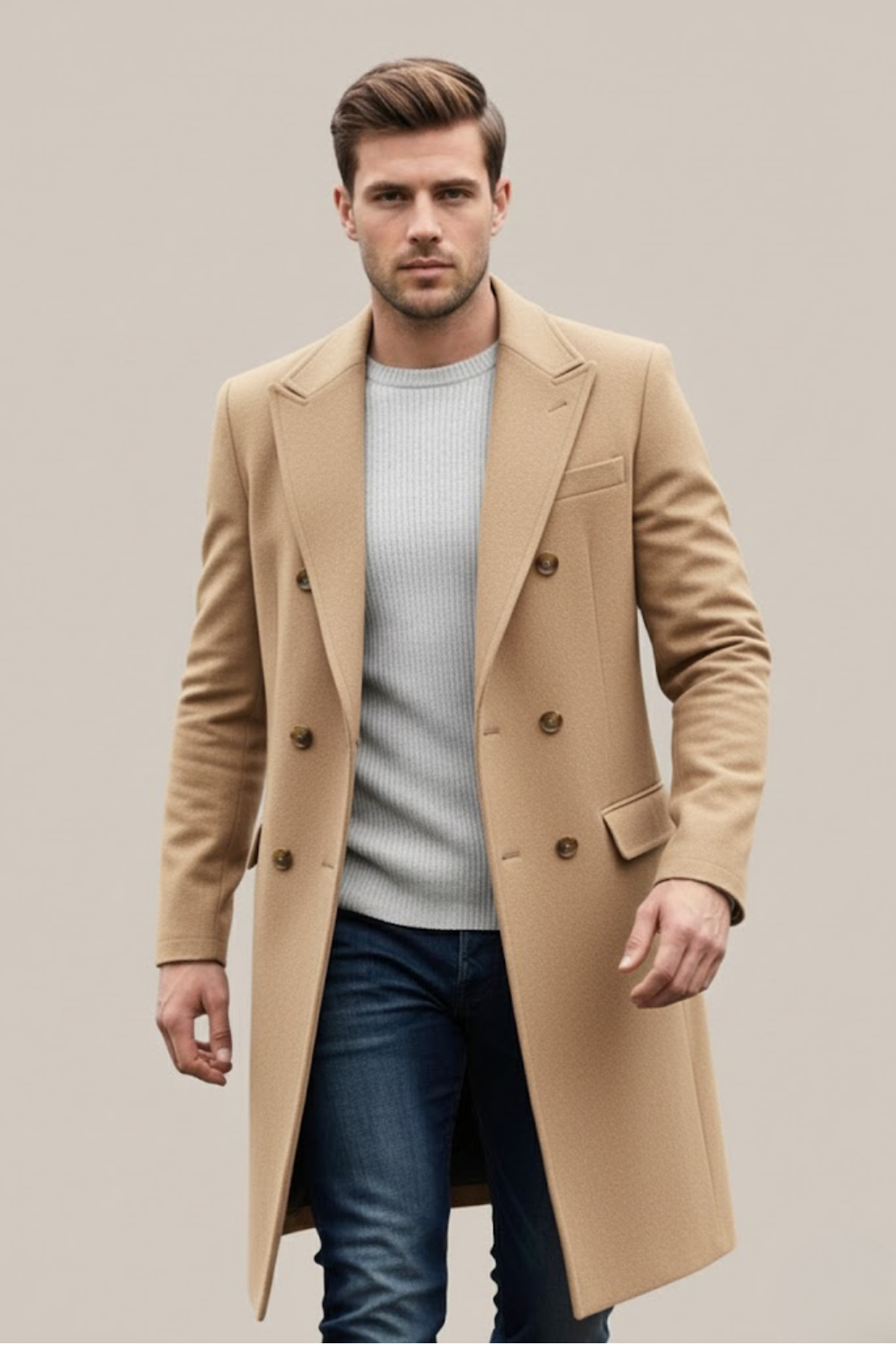 Sophisticated men's long double-breasted overcoat. Elegant outerwear for formal or smart casual fashion.