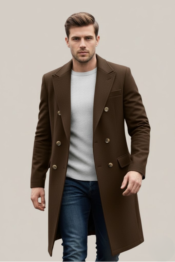 Men's double-breasted long trench coat, versatile outerwear for formal & smart casual looks.