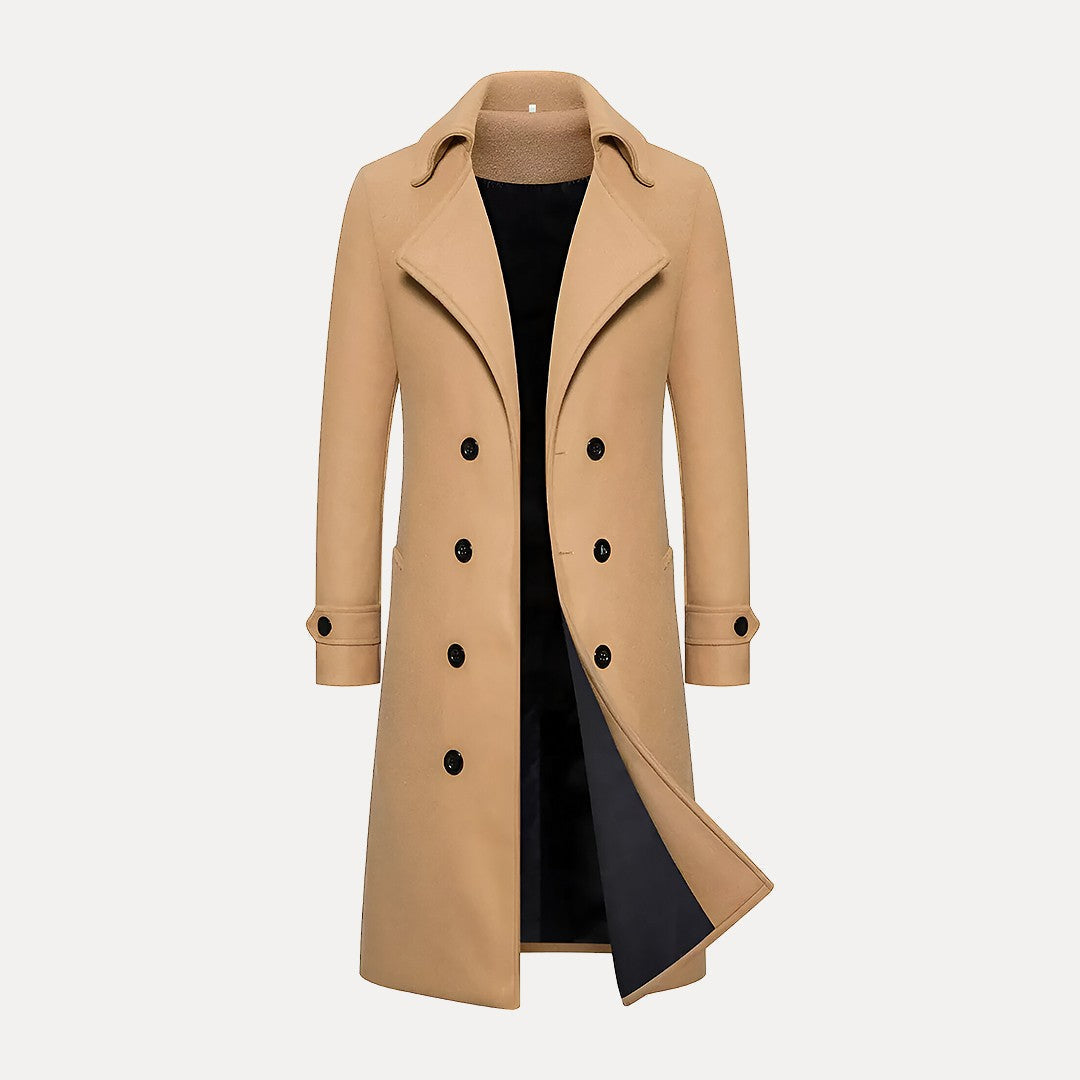 Men's double-breasted long winter coat with elegant peak lapels, ideal for formal or business casual wear.