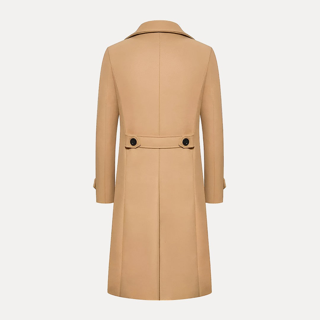 Khaki men's double-breasted trench coat. Long, tailored fit winter overcoat with peak lapels, classic style.