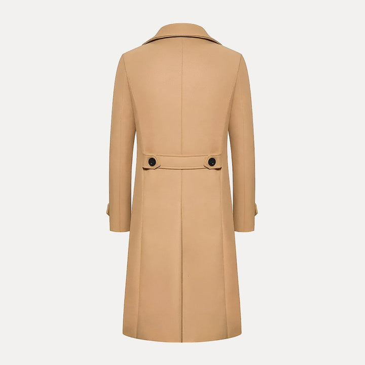 Khaki men's double-breasted trench coat. Long, tailored fit winter overcoat with peak lapels, classic style.