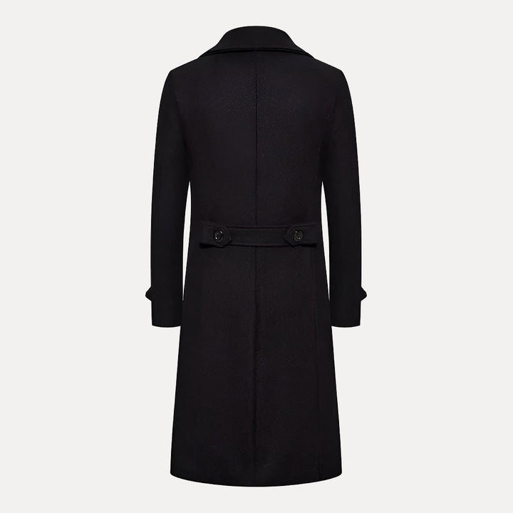 Classic black men's double-breasted trench style overcoat. Long winter outerwear with peak lapels, tailored fit.