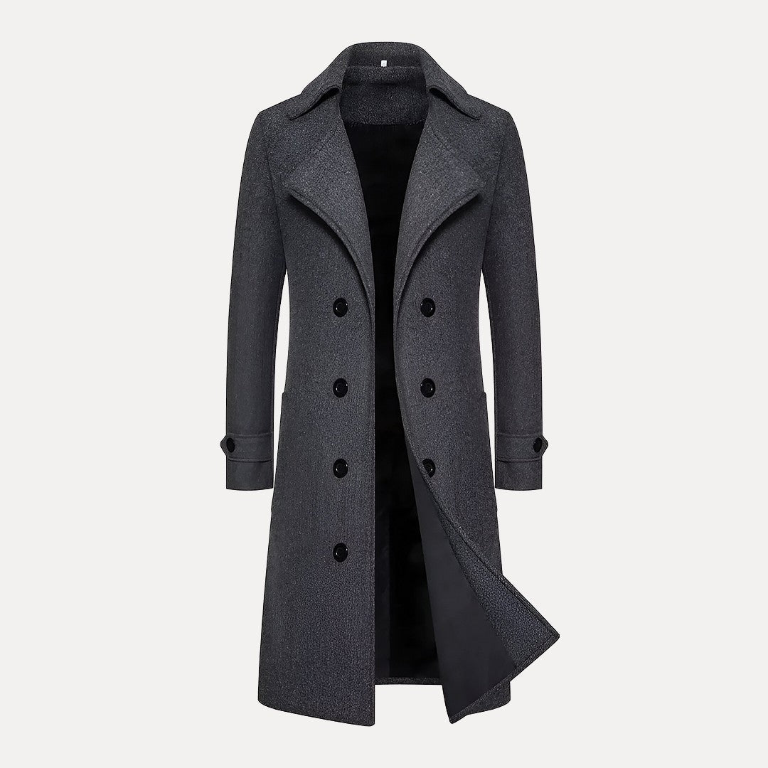 High-quality men's long winter overcoat, double-breasted design with peak lapels. Perfect for cold weather.