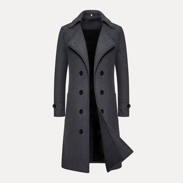 High-quality men's long winter overcoat, double-breasted design with peak lapels. Perfect for cold weather.