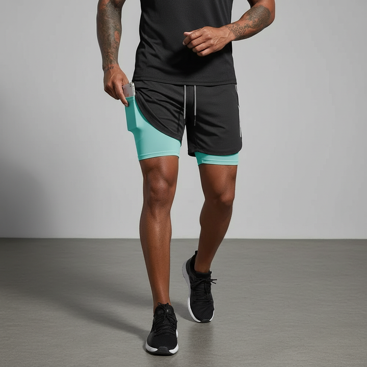 Men's double layer running shorts with secure phone pocket for ultimate comfort & performance.