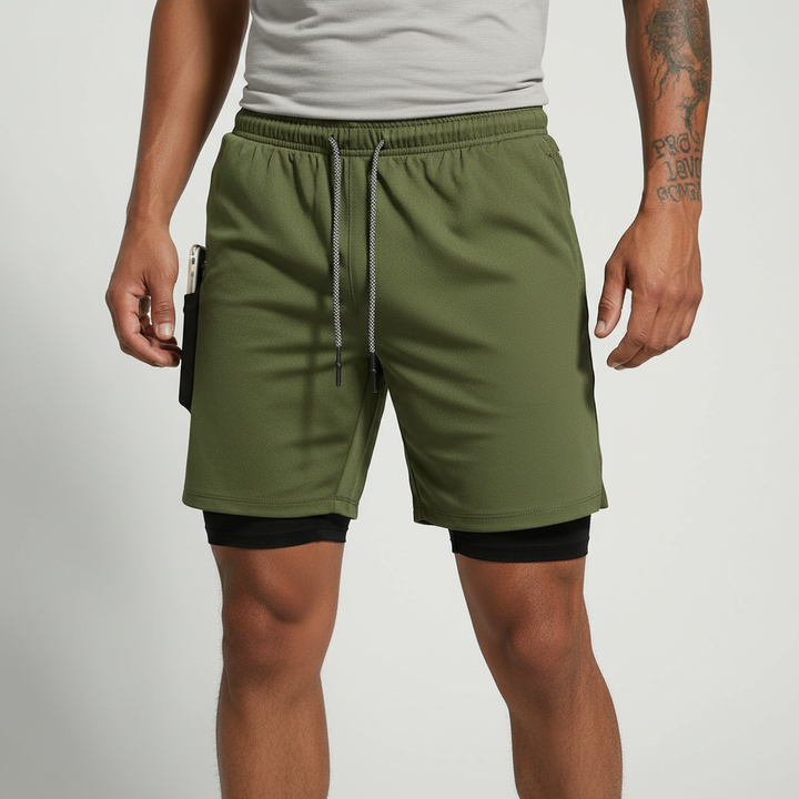 Back view of men's double layer running shorts, perfect for activewear, gym & fitness activities.