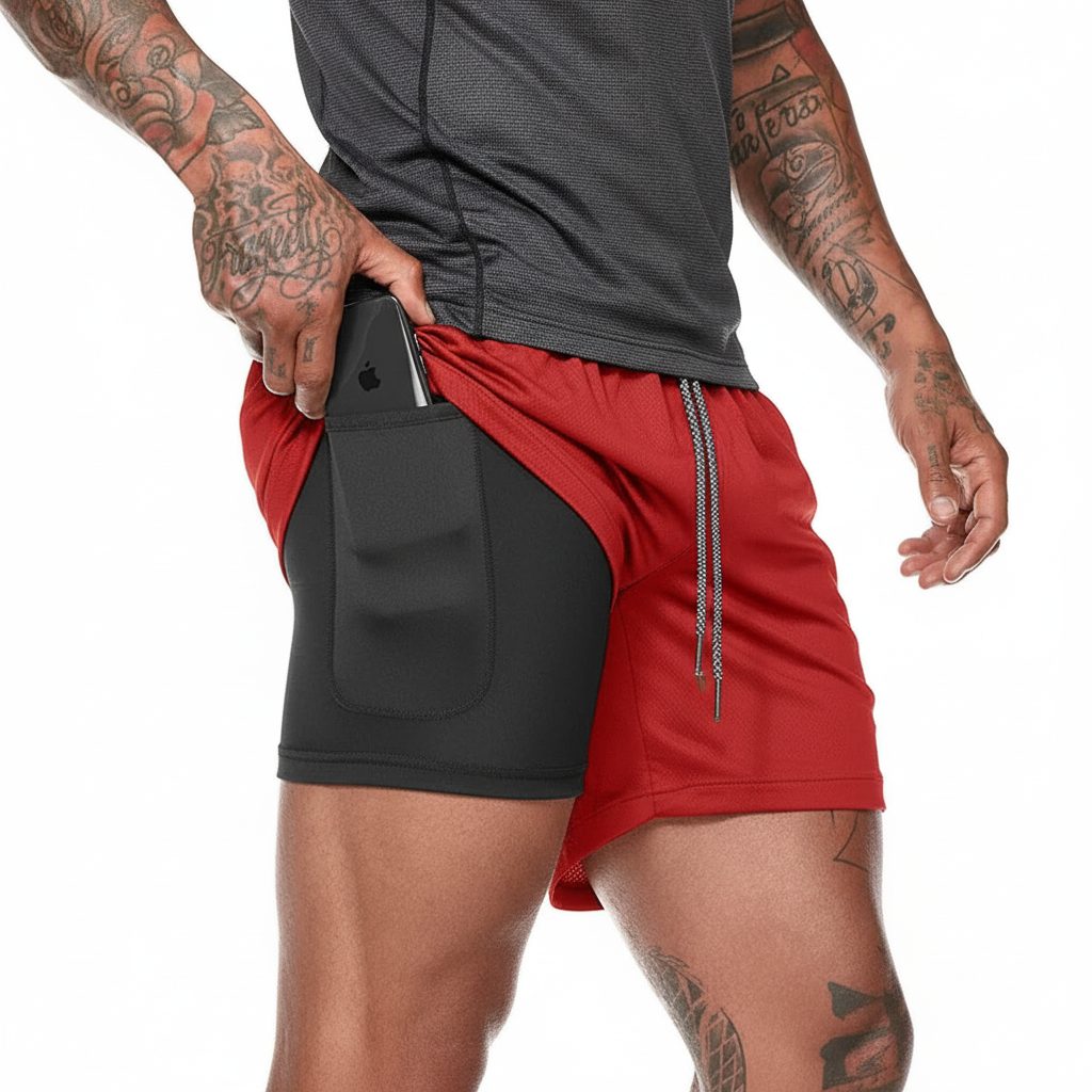 Close-up of secure phone pocket on inner compression layer of men's double layer running shorts.