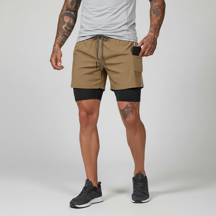 Stay active with men's double layer running shorts, offering comfort, support & a secure phone pocket.