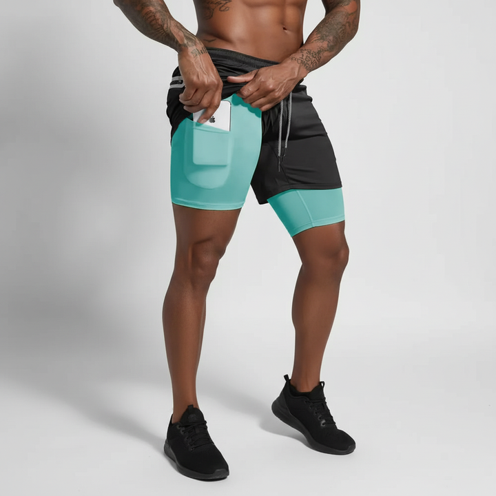 Athletic men's running shorts, double layer for gym, jogging & workouts, features secure phone pocket.