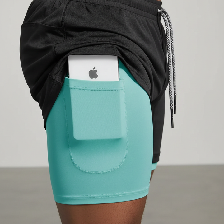 Secure phone pocket on men's double layer running shorts for distraction-free athletic performance.