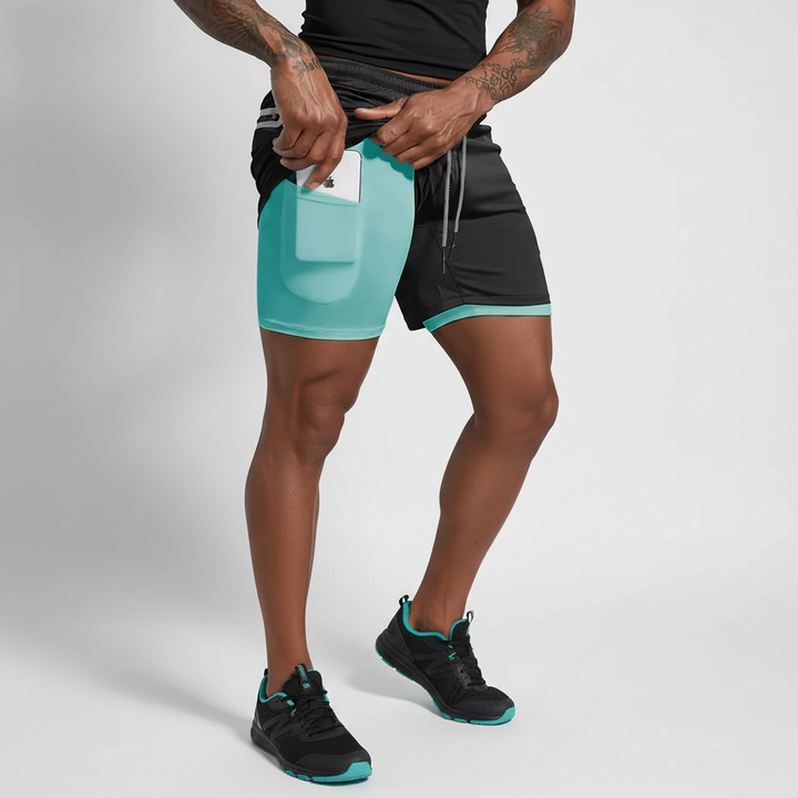 Comfortable men's double layer shorts for running & fitness, with inner compression & secure phone pocket.