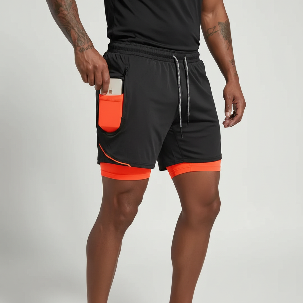 Premium men's sportswear: double layer running shorts with a secure phone pocket for active lifestyles.