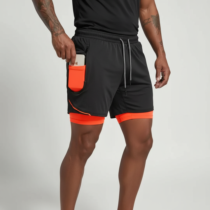 Premium men's sportswear: double layer running shorts with a secure phone pocket for active lifestyles.