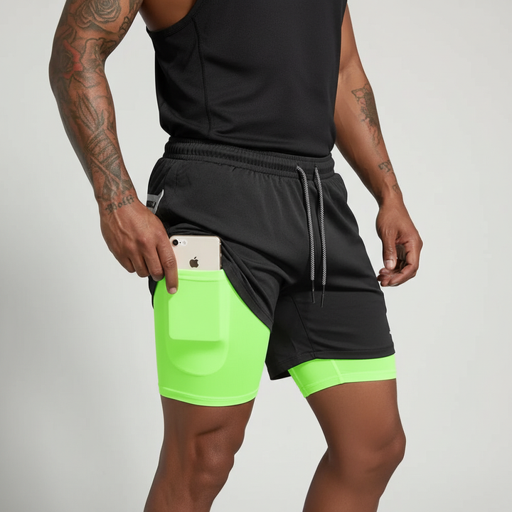 Men's workout & gym shorts: double layer design, inner compression shorts & convenient phone pocket.