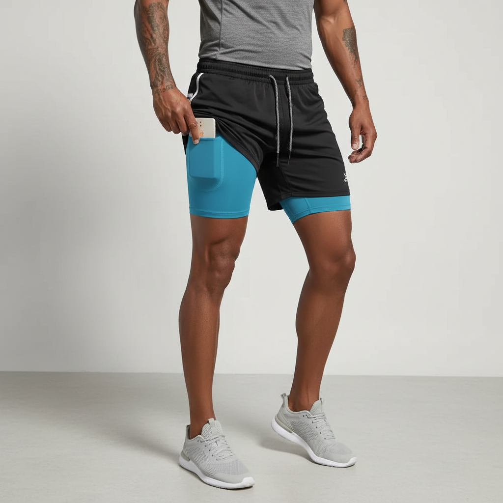 Men's jogging shorts with double layer design, includes secure phone pocket & moisture-wicking fabric.