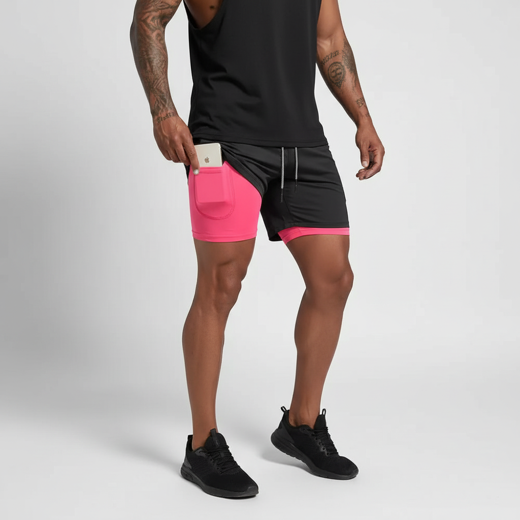 High-performance men's athletic shorts, double layer for running, with a secure phone pocket.