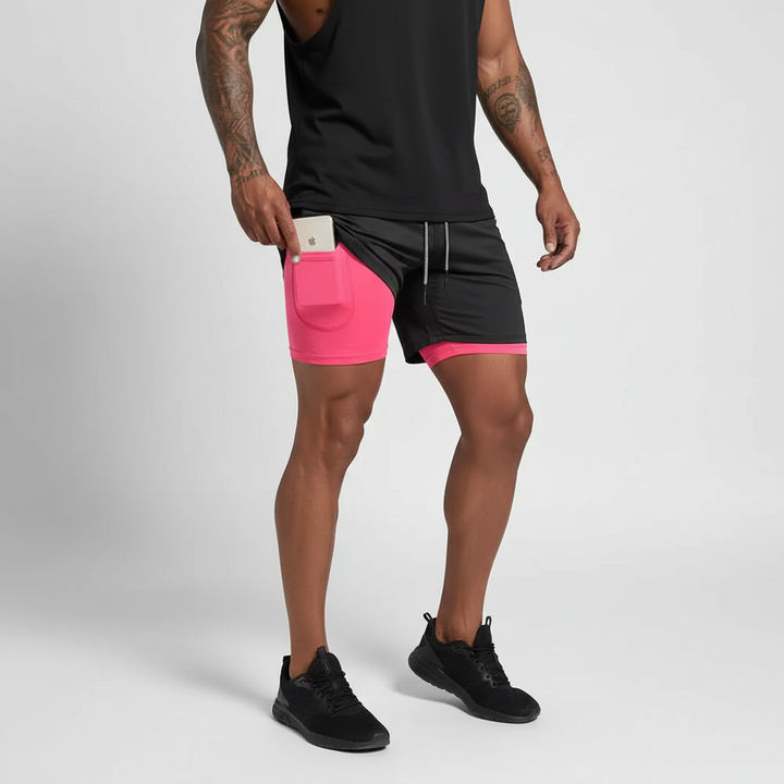 High-performance men's athletic shorts, double layer for running, with a secure phone pocket.