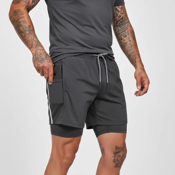 Front view of men's black double layer running shorts featuring a secure phone pocket & athletic fit.