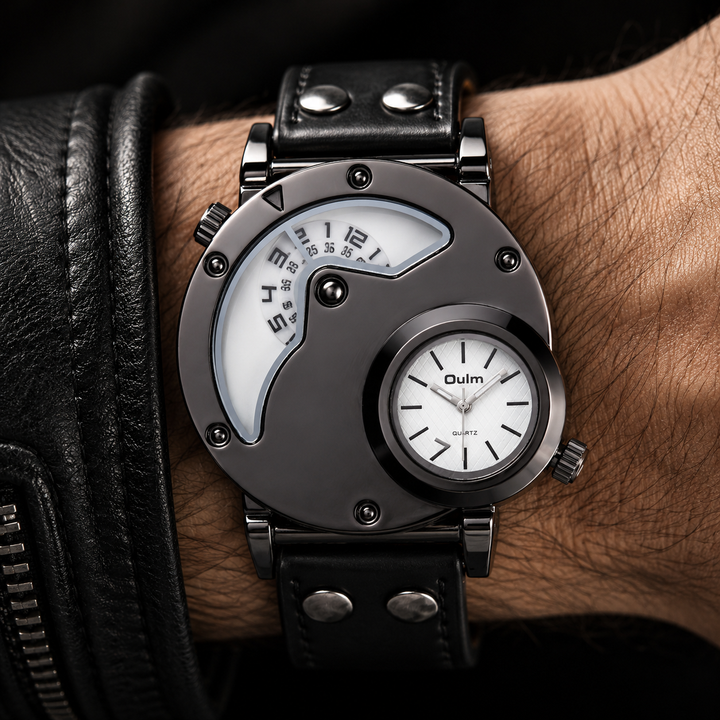 Close-up of stylish men's dual time analog watch dial, clear display, ideal for tracking two time zones while traveling.