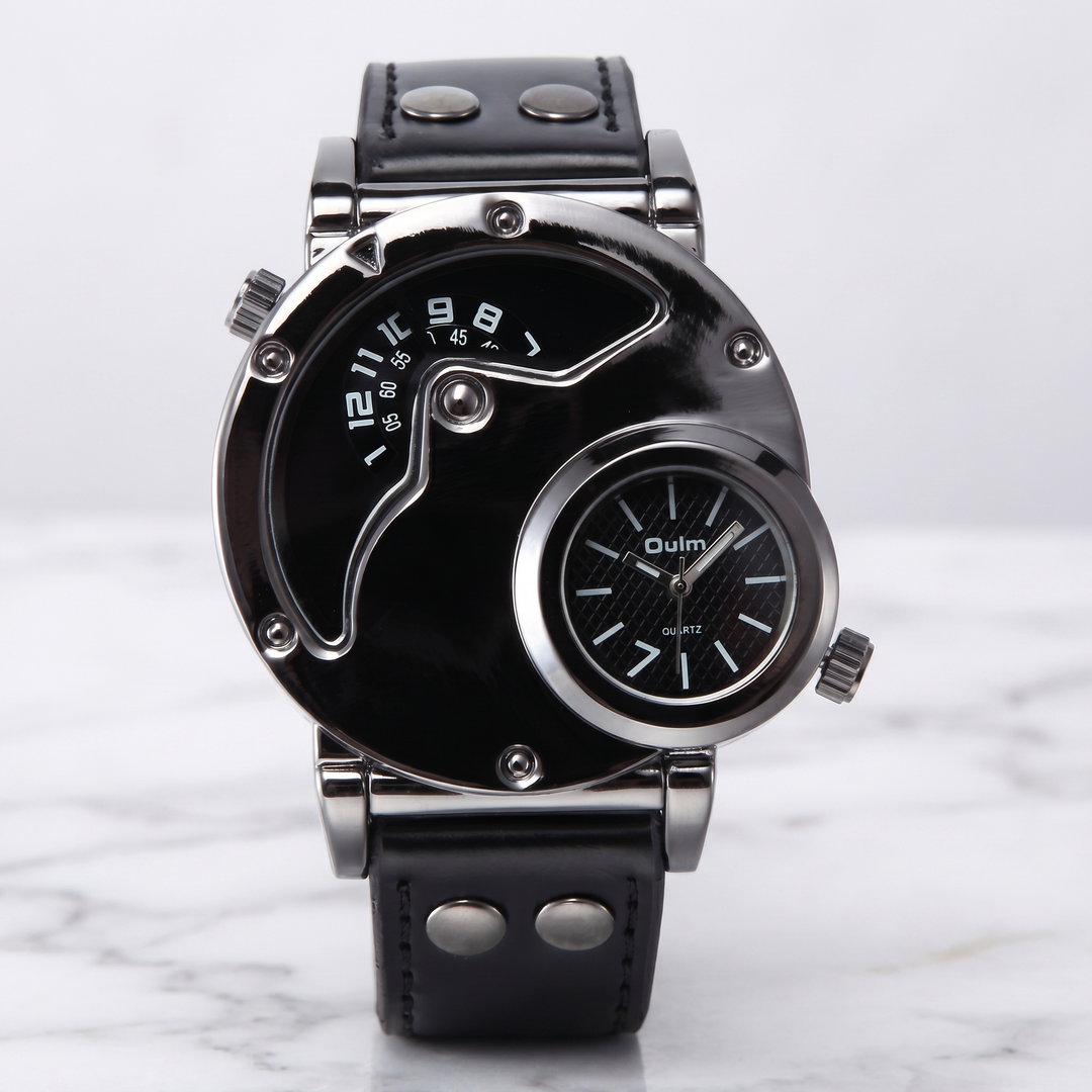 Men's dual time timepiece, a stylish accessory for men, showcasing its modern design and versatile appeal.