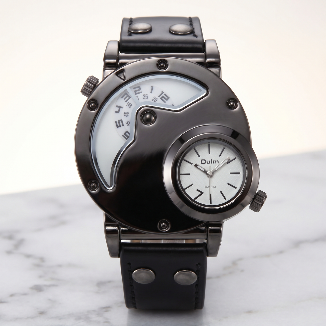 Durable strap on lightweight men's dual time sport watch, designed for comfort, active use & travel.