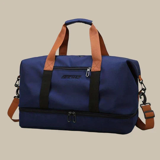 Spacious men's gym duffle bag featuring a ventilated shoe compartment. Ideal for sports, travel & weekend adventures.