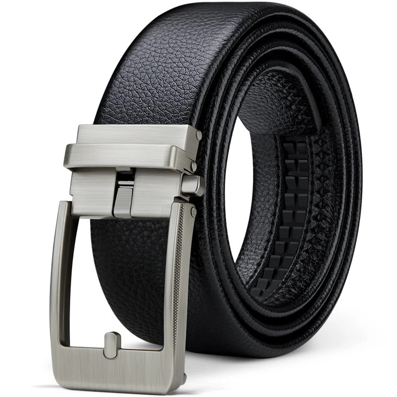 Smooth dark brown men's leather belt with a reflective polished buckle, a sophisticated menswear piece.