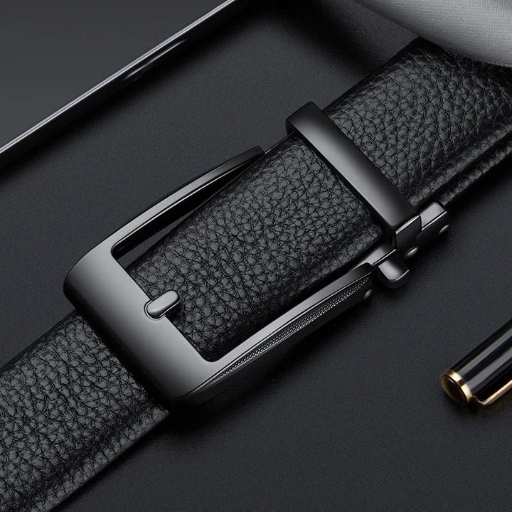 High-quality men's durable leather belt with a shiny polished buckle, an essential wardrobe accessory.