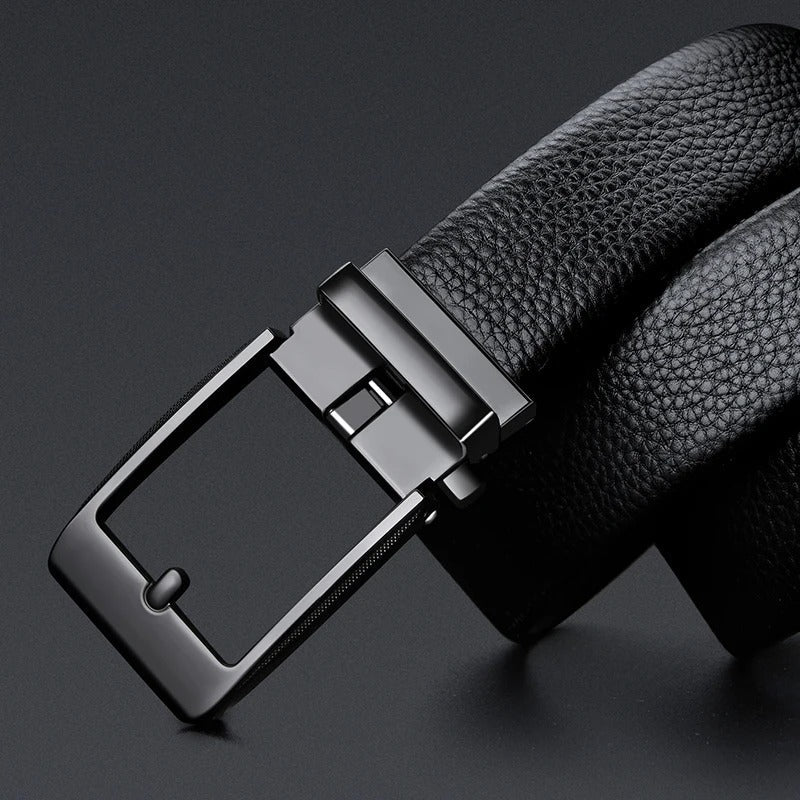 Men's classic durable cowhide leather belt with a polished metal buckle, a versatile fashion accessory.