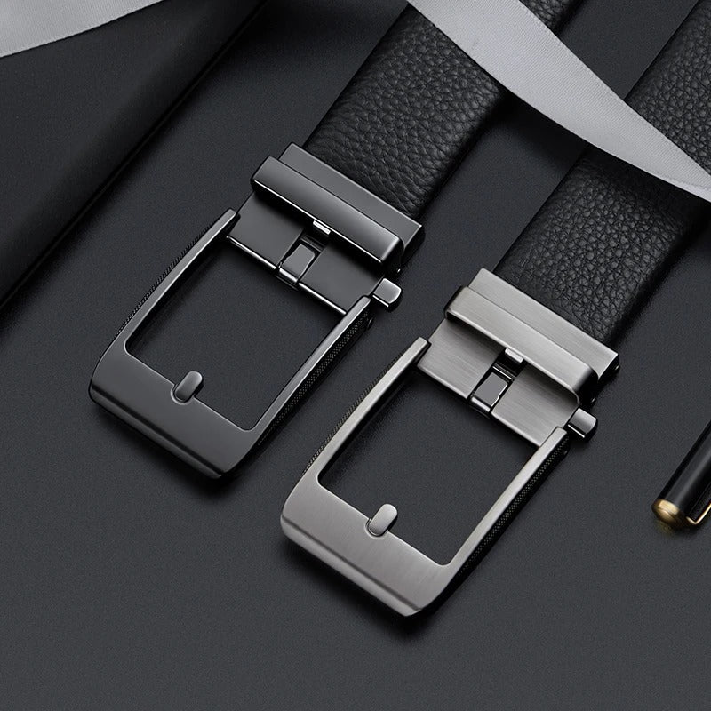 Close-up of a men's thick brown leather belt, showcasing the durable strap and gleaming polished buckle.