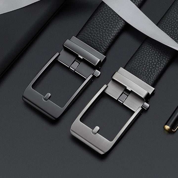 Close-up of a men's thick brown leather belt, showcasing the durable strap and gleaming polished buckle.