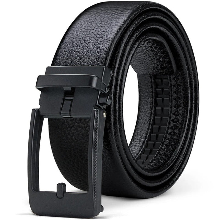 Stylish men's leather belt fastened with a polished buckle, complementing formal trousers or casual jeans.