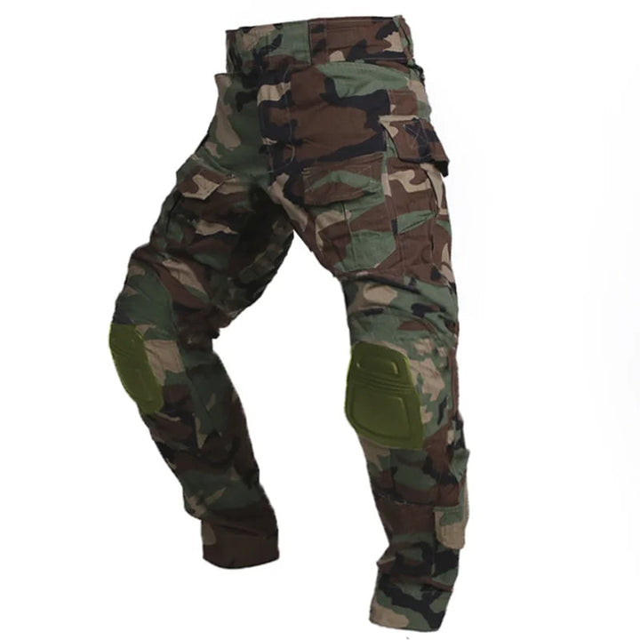 Black men's durable cargo pants with knee protection, essential workwear for fall & winter.