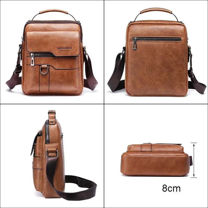 Stylish brown men's crossbody messenger bag with an adjustable strap, ideal for daily commutes & travel.