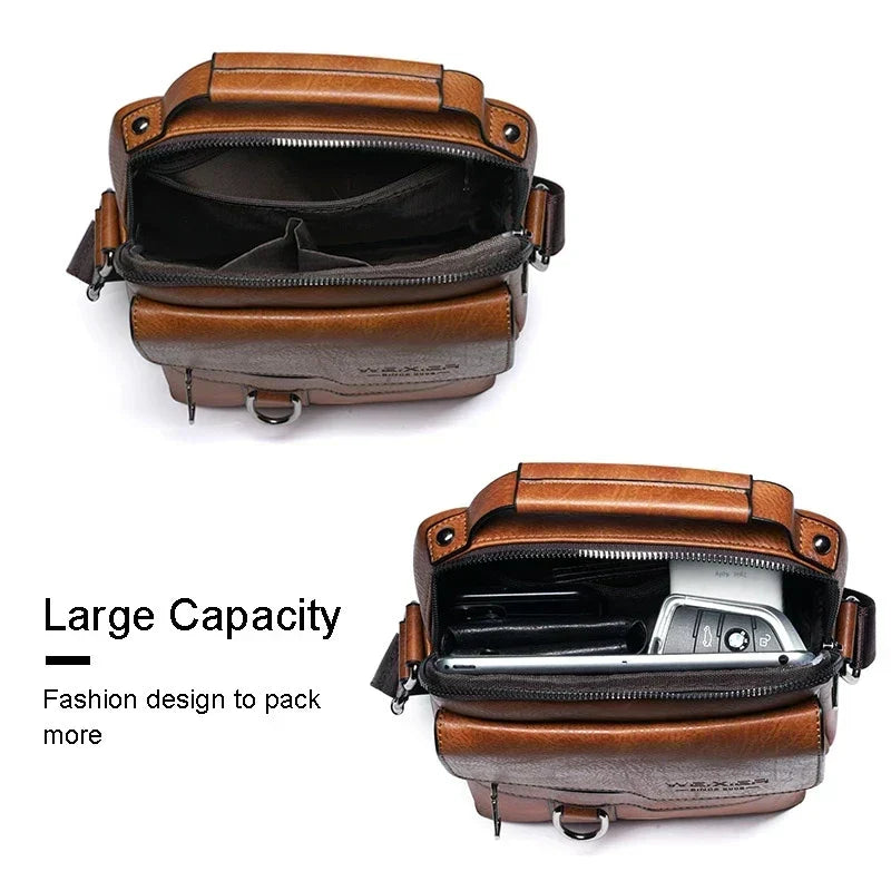 Sleek black men's durable shoulder bag, featuring an adjustable strap for work, travel, or everyday carry.
