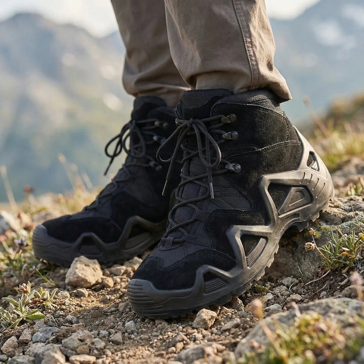 Men's durable mid-top tactical hiking boots, rugged design for trails & outdoor work.