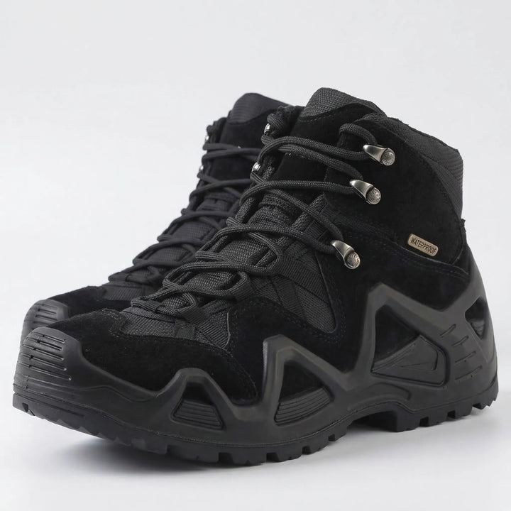 Side view of durable men's work boots, perfect for hiking, combat & demanding terrain.