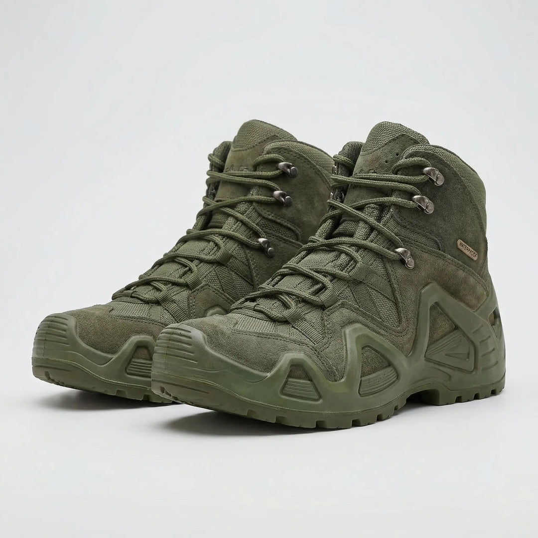 Men's rugged trail boots traversing rocky path, built for all-terrain performance.