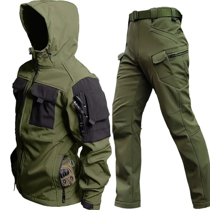Men's performance trekking suit for hiking & camping, featuring durable, windproof, & rain-resistant fabric.