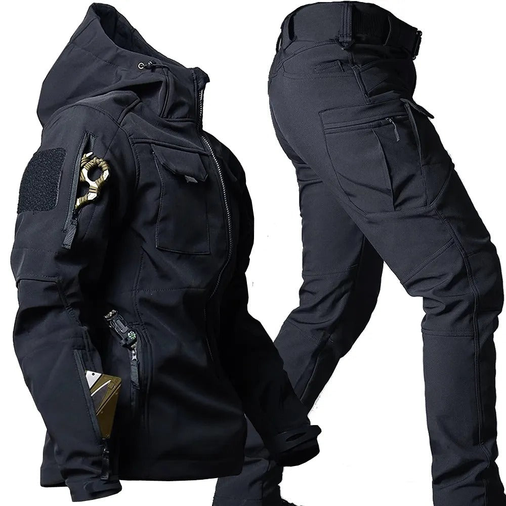 Durable men's outdoor gear, windproof & rain-protected hoodie set, ideal for trekking & active sports.