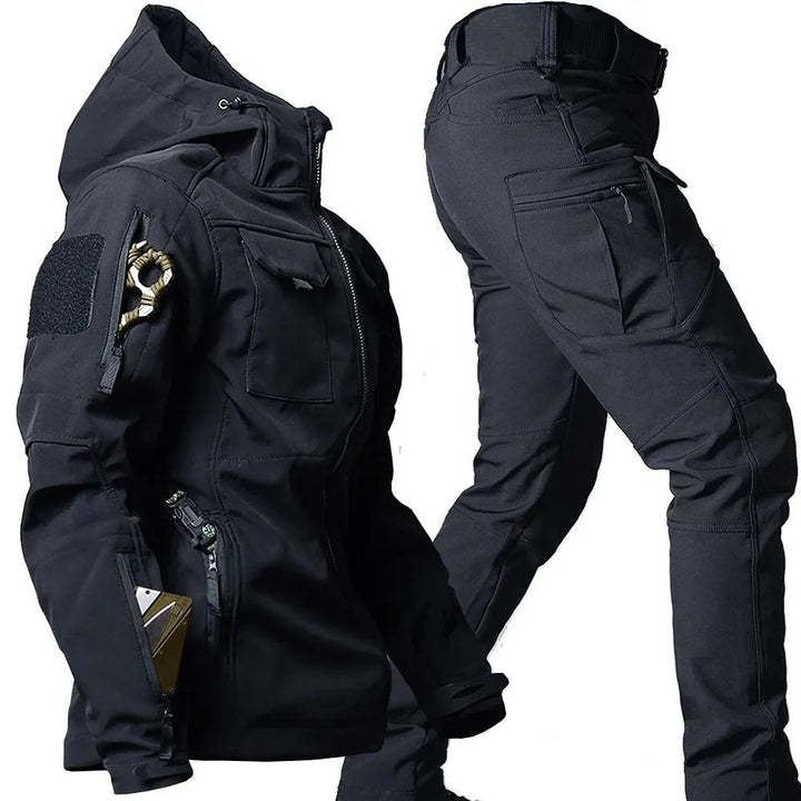 Durable men's outdoor gear, windproof & rain-protected hoodie set, ideal for trekking & active sports.