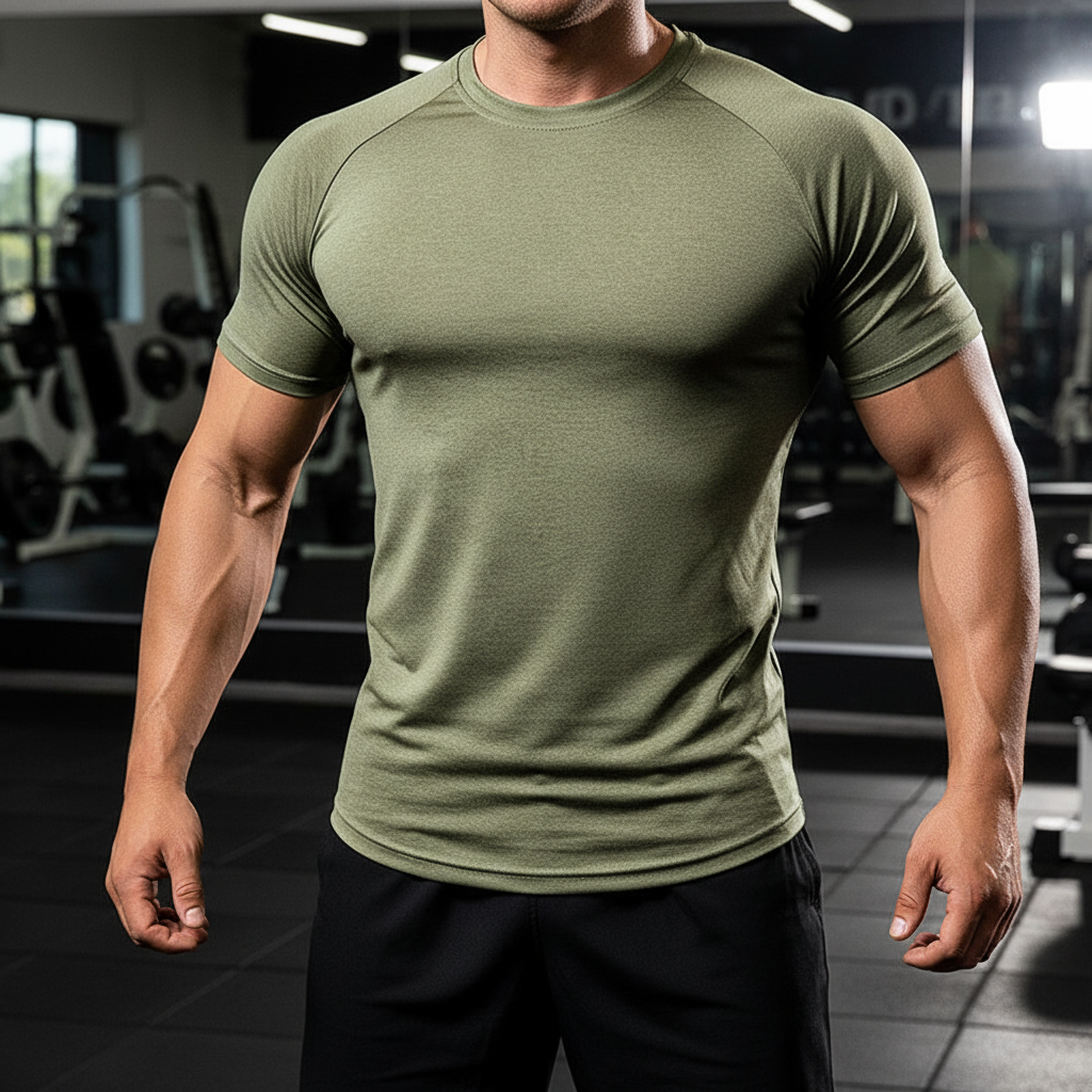 Men's Edwin performance training shirt in polyester, short-sleeve, quick-dry activewear for workouts.