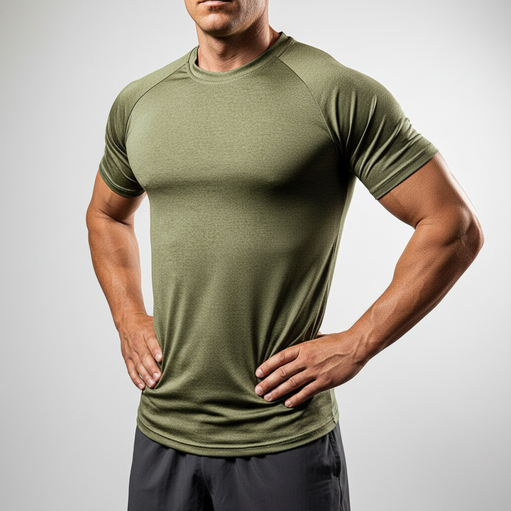 Breathable men's short-sleeve gym shirt, Edwin polyester workout top with odor control.