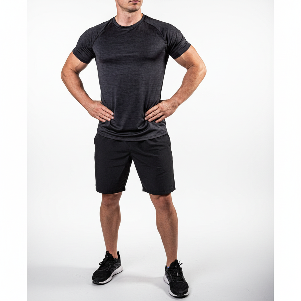 Men's short-sleeve training shirt, Edwin polyester, performance wear for active workouts.