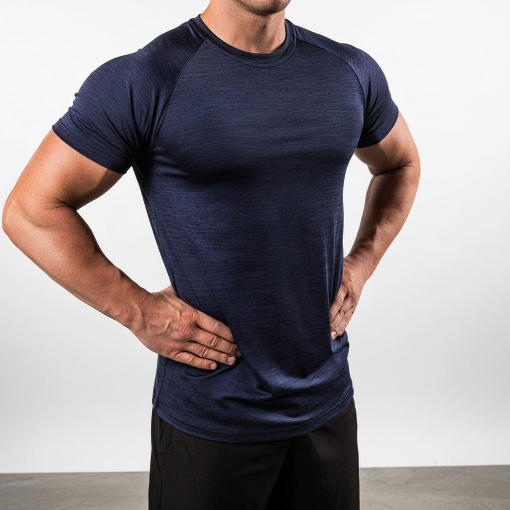 Polyester men's workout top, short-sleeve, quick-dry & breathable performance training shirt.