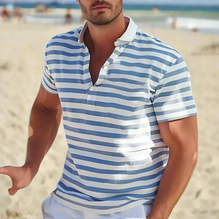 Men's Effortless Striped Short Sleeve Polo Shirt for casual wear. Comfortable, versatile men's fashion summer top.