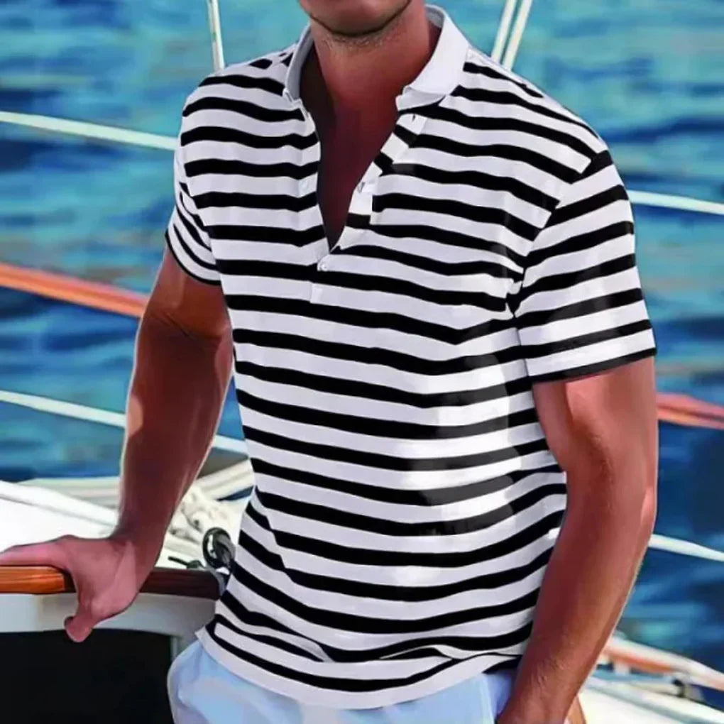 Stylish men's striped short sleeve polo shirt, perfect for smart casual and everyday summer wear. Comfortable & versatile.